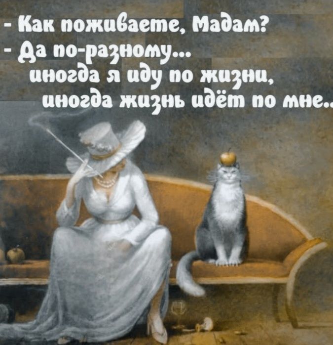 - Как поживаете, Мадам? - Да по-разному... иногда я иду по жизни, иногда жизнь идёт по мне..