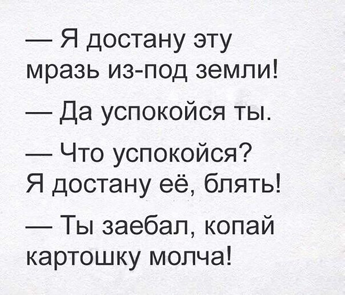 Я достану эту мразь из под земли Да успокойся ты Что успокойся Я достану её блять Ты заебал копай картошку молча