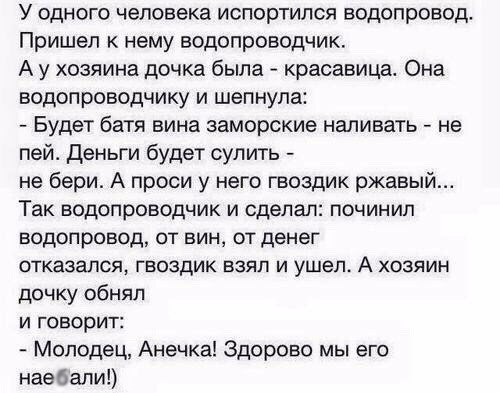 У одного человека испортился водопровод Пришел к нему водопроводчик А у хозяина дочка была красавица Она водопроводчику и шепнула Будет батя вина заморские наливать не пей Деньги будет судить не бери А проси у него гвоздик ржавый Так водопроводчик и сделал починил водопровод от вин от денег ОТКЗЗЭЛСЯ ГБОЗДИК ВЗЯЛ И ушел А ХОЗЯИН дочку обнял И ГОВОРИТ Молодец Анечка Здорово мы его наебапи
