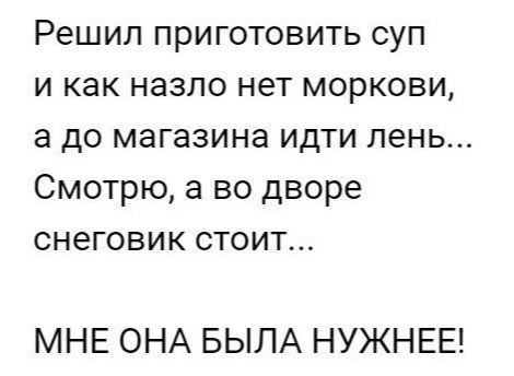 Решил приготовить суп и как назло нет моркови 3 до магазина идти пень Смотрю а во дворе снеговик стоит МНЕ ОНА БЫЛА НУЖНЕЕ