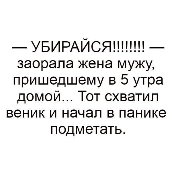 УБИРАЙСЯ заорапа жена мужу пришедшему в 5 утра домой Тот схватил веник и начал в панике подметать