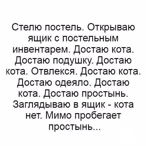 Степю постель Открываю ящик с постельным инвентарем Достаю кота Достаю подушку Достаю кота Отвлекся Достаю кота Достаю одеяло Достаю кота Достаю простынь Заглядываю в ящик кота нет Мимо пробегает простынь