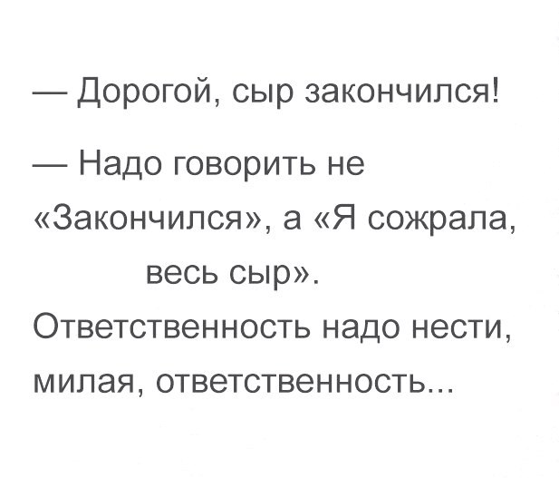 Дорогой сыр закончился Надо говорить не Закончился а Я сожрала весь сыр Ответственность надо нести милая ответственность
