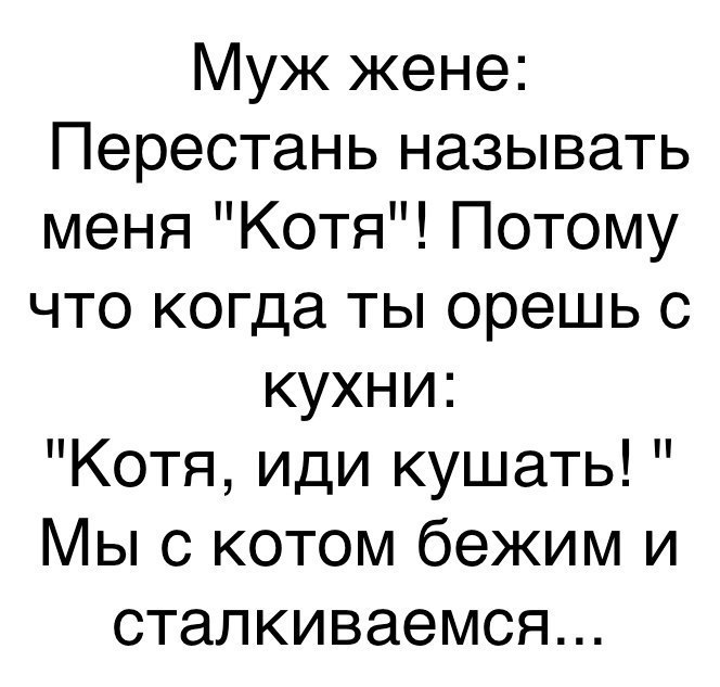 Муж жене Перестань называть меня Котя Потому что когда ты орешь с кухни Котя иди кушать Мы с котом бежим и сталкиваемся