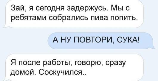 Зай я сегодня задержусь Мы с ребятами собрались пива попить А НУ ПОВТОРИ СУКА Я после работы говорю сразу домой Соскучился