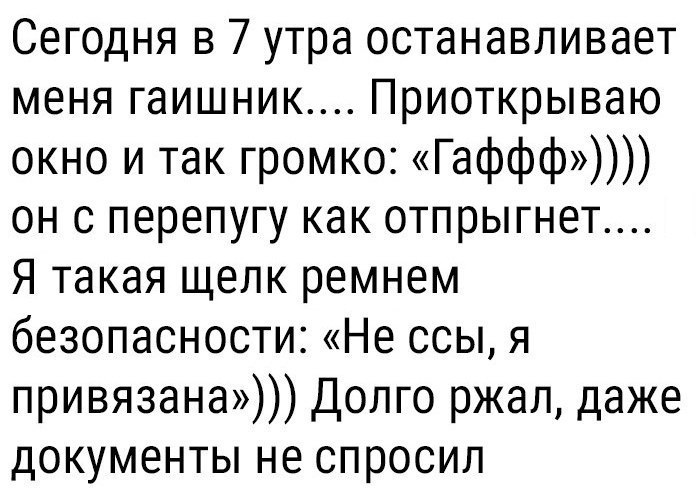 Сегодня в 7 утра останавливает меня гаишник Приоткрываю окно и так громко Гаффф он с перепугу как отпрыгнет Я такая щелк ремнем безопасности Не ссы я привязана Долго ржал даже документы не спросил