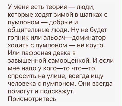 У меня есть теория люди которые ходят зимой в шапках пумпоном добрые и общительные люди Ну не будет гопник или альфачдоминатор ходить с пумпоном не круто Ипи пафосная девка в завышенной самооценкой И если мне надо у когото чтото спросить на улице всегда ищу человека с пумпоном Они всегда помогут и подскажут Присмотритесь