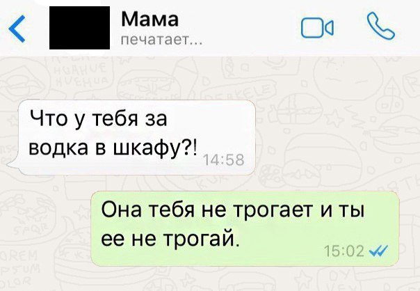 Мама 00 иыпч Что у тебя за водка в шкафу Она тебя не трогает и ты ее не ТРОГЭИ