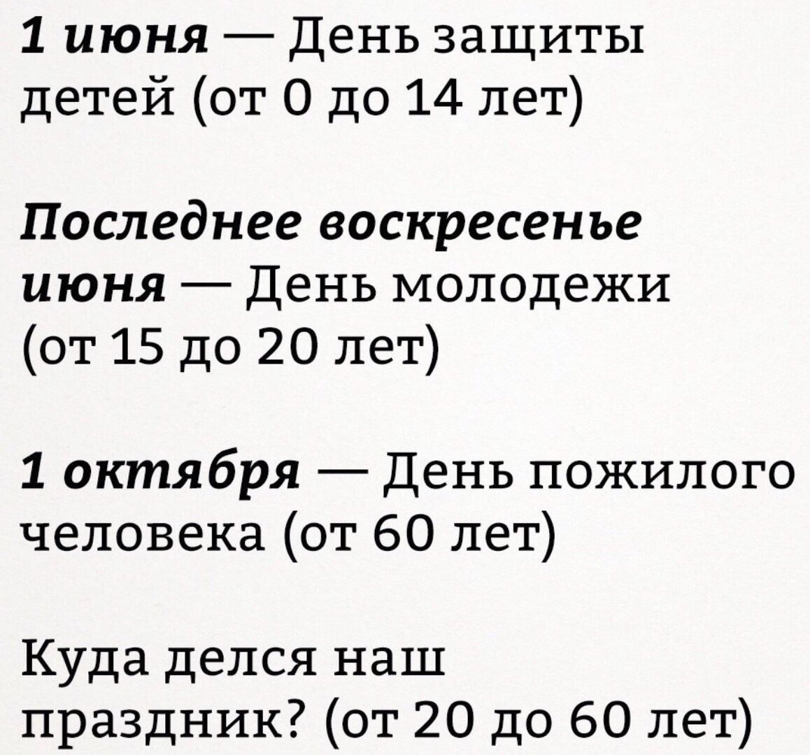 1 июня День защиты детей от О до 14 лет Последнее воскресенье июня День молодежи от 15 до 20 лет 1 октября День пожилого человека от 60 лет Куда делся наш праздник от 20 до 60 лет