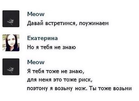 ЁЁ Меош Давай встретимся поужинаем Екатерина Но я тебя не знаю Меош Я тебя тоже не знаю для меня это тоже риск поэтому я возьму нож Ты тоже возьми