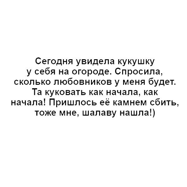 Сегодня увидела кукушку у себя на огороде Спросила сколько любовников у меня будет Та куковать как начала как начала Пришлось её камнем сбить тоже мне шалаву нашла