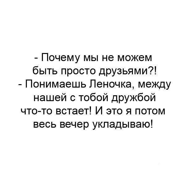 Почему мы не можем быть просто друзьями Понимаешь Леночка между нашей с тобой дружбой что то встает И это я потом весь вечер укладываю