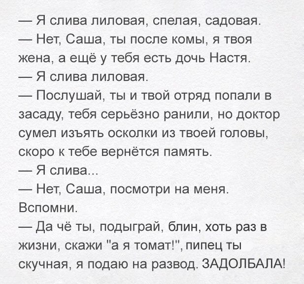 Я слива липовая спелая садовая Нет Саша ты поспе комы я твоя жена а ещё у тебя есть дочь Настя Я слива липовая Послушай ты и твой отряд попали в засаду тебя серьёзно ранили но доктор сумел изъять осколки из твоей головы скоро к тебе вернётся память Я слива Нет Саша посмотри на меня Вспомни Да чё ты подыграй блин хоть раз в жизни скажи а я томат пипец ты скучная я подаю на развод ЗАДОПБАПА