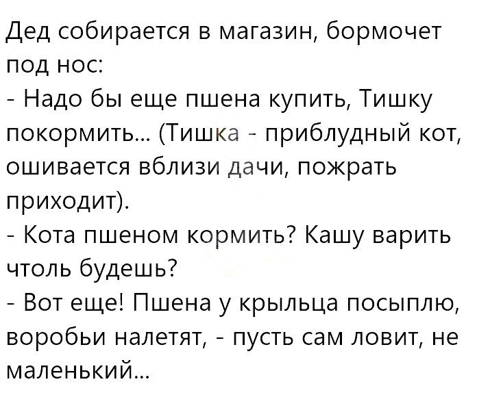 Дед собирается в магазин бормочет под нос Надо бы еще пшена купить Тишку покормить Тишка приблудный кот ошивается вблизи дачи пожрать приходит Кота пшеном кормить Кашу варить чтоль будешь Вот еще Пшена у крыльца посыплю воробьи налетят пусть сам ловит не маленький