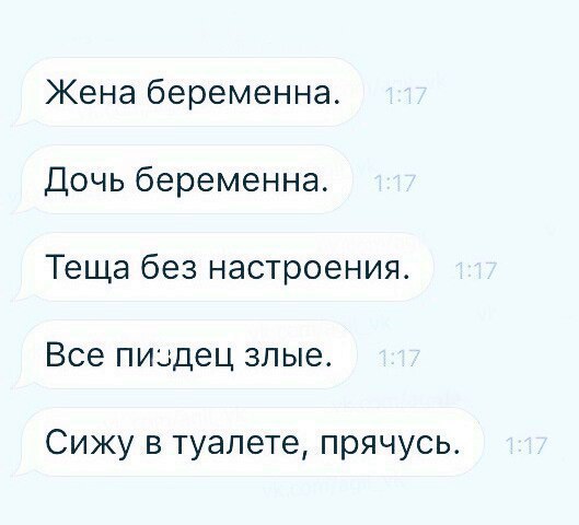 Жена беременна Дочь беременна Теща без настроения Все пиздец злые Сижу в туалете прячусь