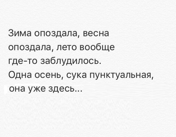 Зима опоздала весна опоздала лето вообще где то заблудилось Одна осень сука пунктуальная она уже здесь