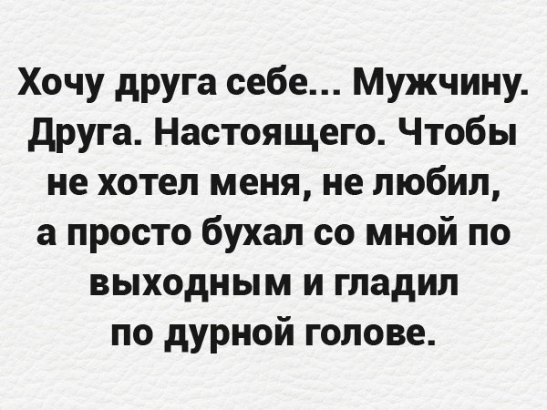 Хочу друга себе Мужчину друга Настоящего Чтобы не хотел меня не любил а просто бухал со мной по выходным и гладил по дурной голове