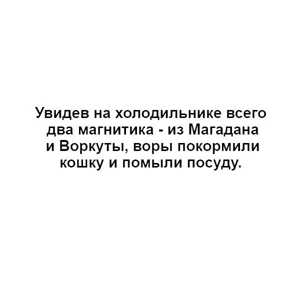 Увидев на холодильнике всего два магнитика из Магадана и Воркуты воры покормипи кошку и помыли посуду