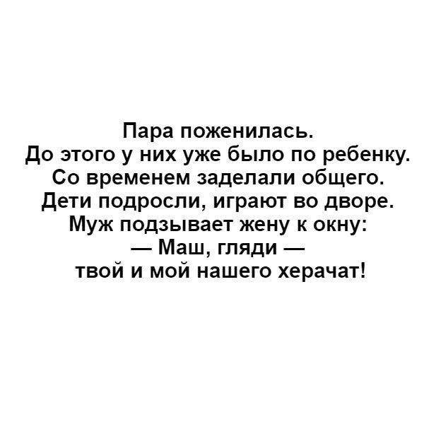 Пара поженилась До этого у них уже было по ребенку Со временем заделали общего Дети подросли играют во дворе Муж подзывает жену к окну Маш гляди твой и мой нашего херачат