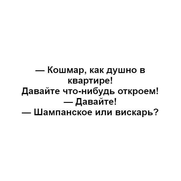 Кошмар как душно в квартире давайте что нибудь откроем давайте Шампанское или вискарь