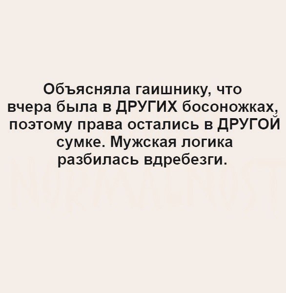 объясняла гаишнику что вчера была в дРУГИХ босоножкахд поэтому права остались в дРУГОИ сумке Мужская логика разбилась вдребезги