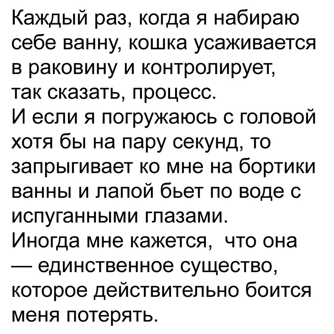 Каждый раз когда я набираю себе ванну кошка усаживается в раковину и контролирует так сказать процесс И если я погружаюсь с головой хотя бы на пару секунд то запрыгивает ко мне на бортики ванны и лапой бьет по воде с испуганными глазами Иногда мне кажется что она единственное существо которое действительно боится меня потерять