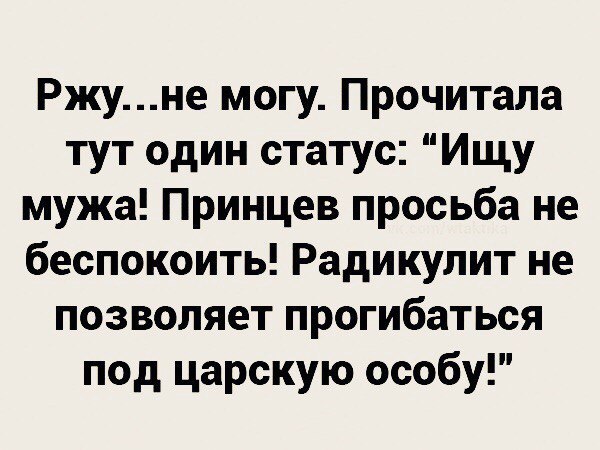 Ржуне могу Прочитала тут один статус Ищу мужа Принцев просьба не беспокоить Радикулит не позволяет прогибаться под царскую особу
