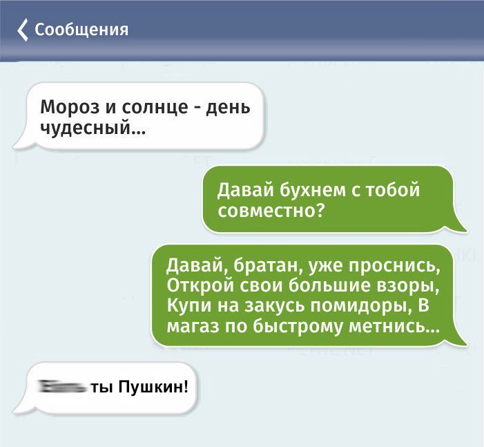 Сообщения Мороз и солнце день чудесный Давай бухнем с тобой совместно давай братан уже проснись Открой свои большие взоры Купи на закусь помидоры В магаз по быстрому метнись ты Пушкин