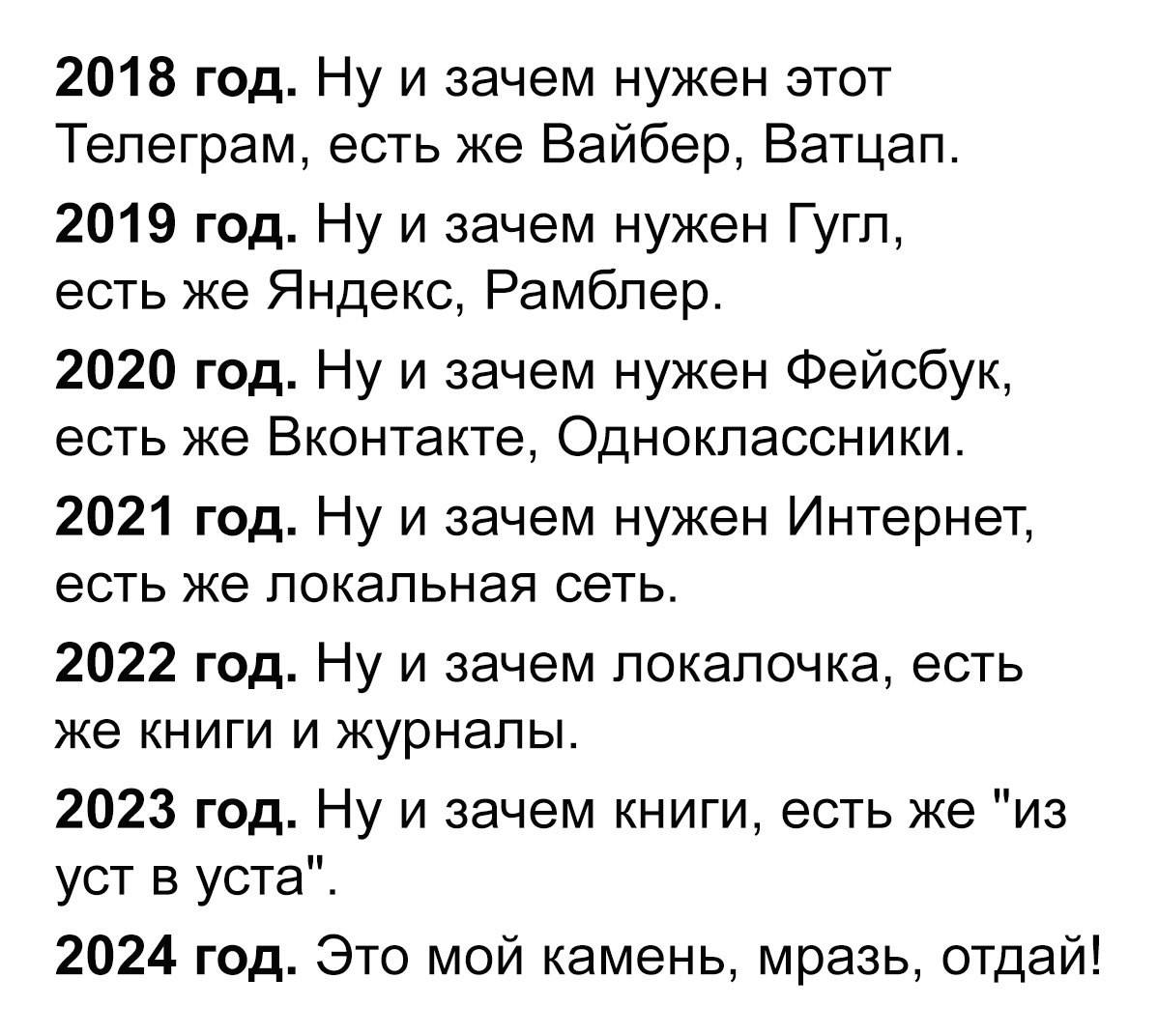 2018 год Ну и зачем нужен этот Тепеграм есть же Вайбер Ватцап 2019 год Ну и зачем нужен Гугл есть же Яндекс Рамблер 2020 год Ну и зачем нужен Фейсбук есть же Вконтакте Одноклассники 2021 год Ну и зачем нужен Интернет есть же локальная сеть 2022 год Ну и зачем покапочка есть же книги и журналы 2023 год Ну и зачем книги есть же из уст в уста 2024 год Это мой камень мразь отдай