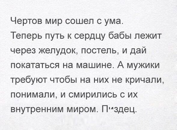 Чертов мир сошел с ума Теперь путь к сердцу бабы лежит через желудок постель и дай покататься на машине А мужики требуют чтобы на них не кричали понимали и смирились с их внутренним миром Пиздец