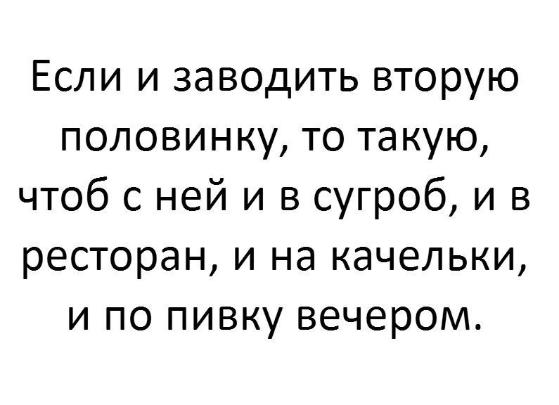 Если и заводить вторую половинку то такую чтоб с ней и в сугроб и в ресторан и на качельки и по пивку вечером