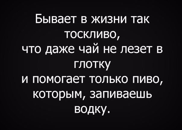 Бывает в жизни так тоскливо что даже чай не лезет в глотку и помогает только пиво которым запиваешь водку