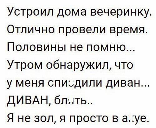 Устроил дома вечеринку Отлично провели время Половины не помню Утром обнаружил что у меня спиздили диван ДИВАН блить Я не зол я просто в атуе
