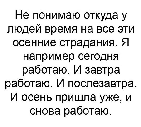 Не понимаю откуда у людей время на все эти осенние страдания Я например сегодня работаю И завтра работаю И послезавтра И осень пришла уже и снова работаю