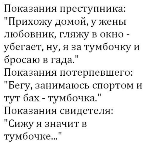 Показания преступника Прихожу домой у жены любовник гляжу в окно убегает ну я за тумбочку и бросаю в гада Показания потерпевшего Бегу занимаюсь спортом и тут бах тумбочка Показания свидетеля Сижу я значит в тумбочке