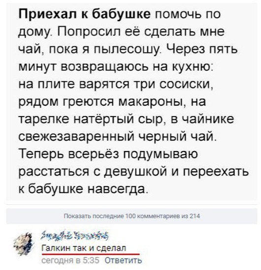 Приехал к бабушке помочь по дому Попросил её сделать мне чай пока я пылесошу Через пять минут возвращаюсь на кухню на плите варятся три сосиски рядом греются макароны на тарелке натёртый сыр в чайнике свежезаваренный черный чай Теперь всерьёз подумываю расстаться с девушкой и переехать к бабушке навсегда Показать пос 0 коме Биде ротовой Галкин так и сделал 5 Ответить