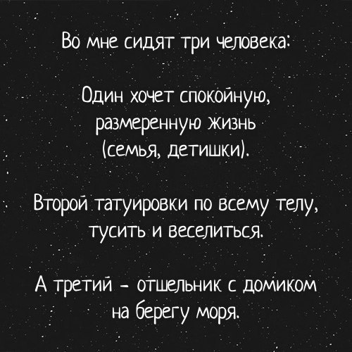 ВО МНС СИДЯТ ТРИ человека Один хочет спокойную размеренную жизнь семья детишки Второй татуировки по всему телу тусить и веселиться А третий ОТШЕЛЬНИК с доМиком на берегу моря