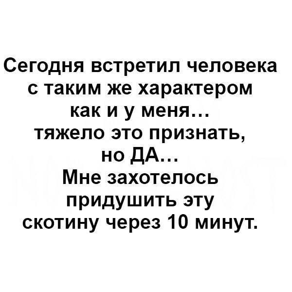 Сегодня встретил человека с таким же характером как и у меня тяжело это признать но ДА Мне захотелось придушить эту скотину через 10 минут