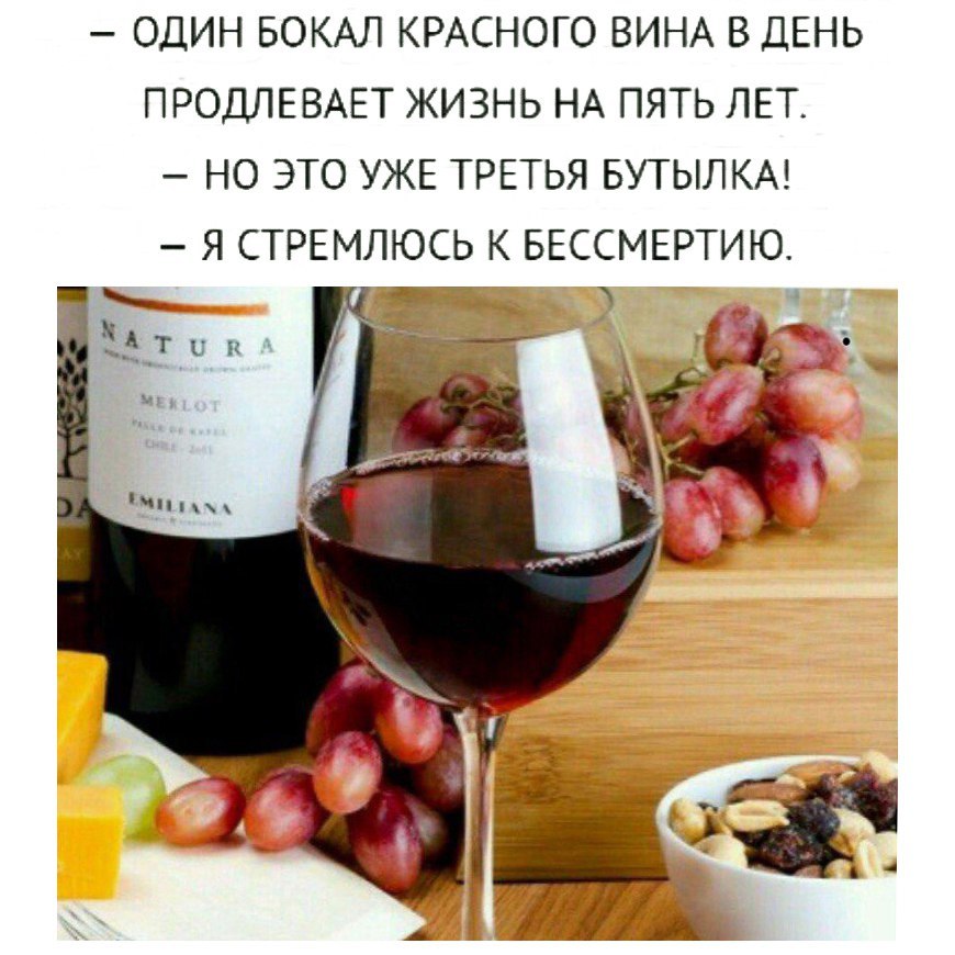 ОДИН БОКАЛ КРАСНОГО ВИНА В ДЕНЬ ПРОДЛЕВАЕТ ЖИЗНЬ НА ПЯТЬ ЛЕТ НО ЭТО УЖЕ ТРЕТЬЯ БУТЫЛКА Я СТРЕМЛЮСЬ К БЕССМЕРТИЮ т