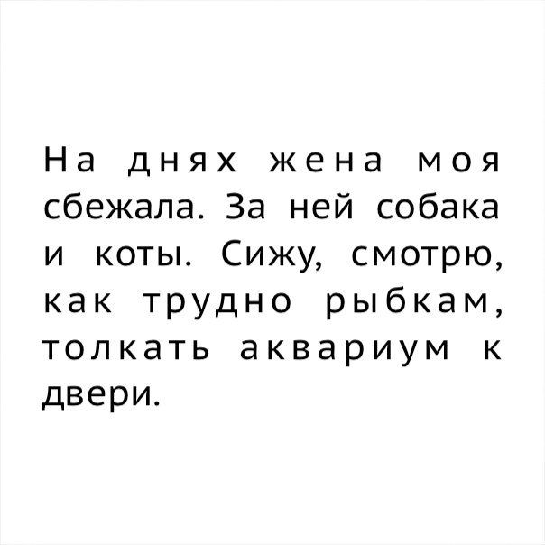 На днях жена моя сбежала За ней собака и коты Сижу смотрю как трудно рыбкам толкать аквариум к двери