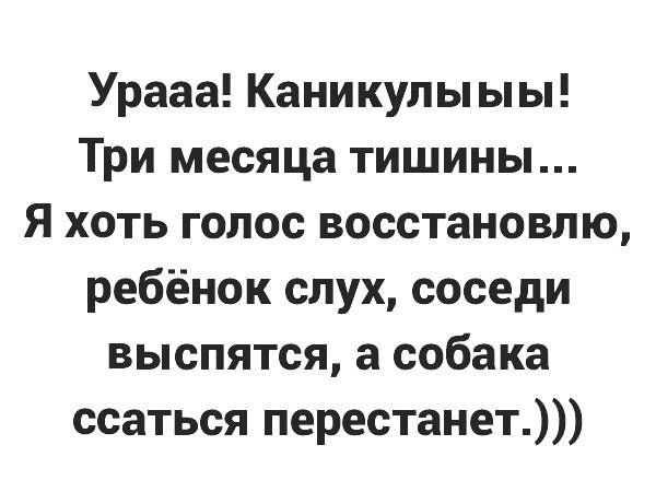 Урааа Каникулы ыы Три месяца тишины Я хоть голос восстановлю ребёнок слух соседи выспятся а собака ссаться перестанет