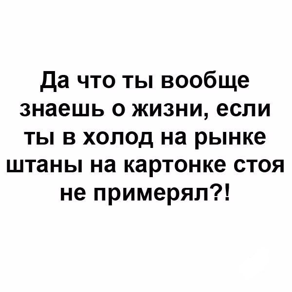 Да что ты вообще знаешь о жизни если ты в холод на рынке штаны на картонке стоя не примеряп