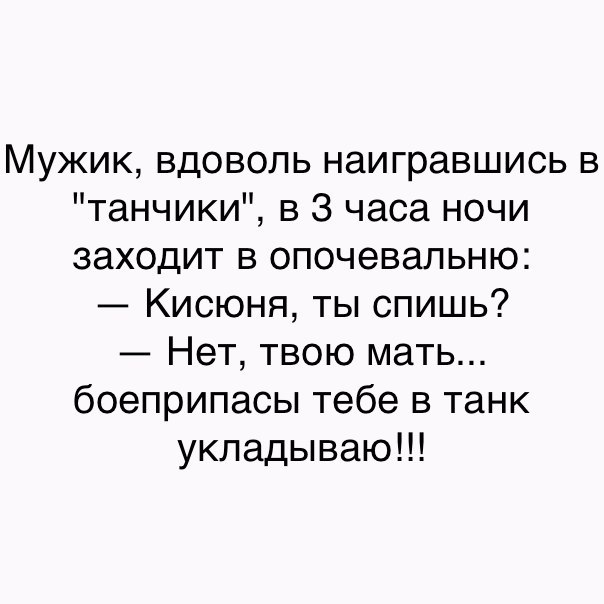 Мужик вдоволь наигравшись в танчики в 3 часа ночи заходит в опочевальню Кисюня ты спишь Нет твою мать боеприпасы тебе в танк укладываю