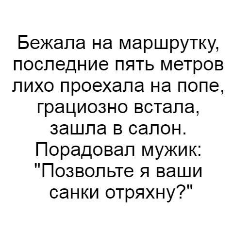 Бежапа на маршрутку последние пять метров пихо проехала на попе грациозно встала зашла в салон Порадовал мужик Позвольте я ваши санки отряхну