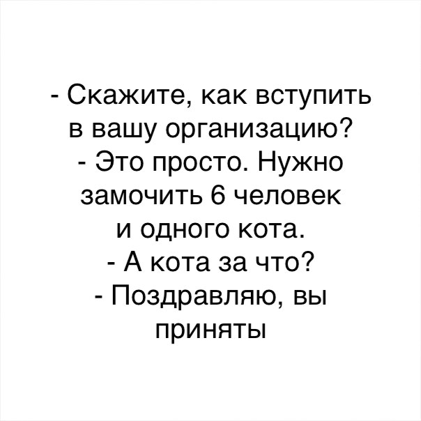 Скажите как вступить в вашу организацию Это просто Нужно замочить 6 человек и одного кота А кота за что Поздравляю вы приняты
