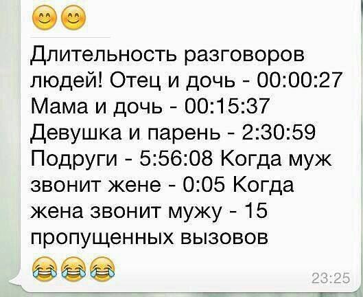 длительность разговоров людей Отец и дочь 000027 Мама и дочь 001537 Девушка и парень 23059 Подруги 55608 Когда муж звонит жене 005 Когда жена звонит мужу 15 пропущенных вызовов