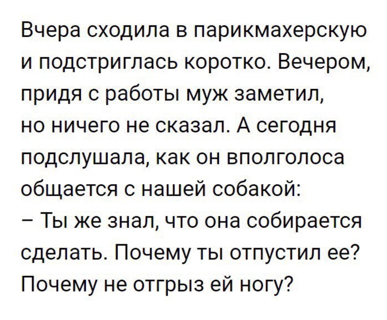 Вчера сходила в парикмахерскую и подстриглась коротко Вечером придя с работы муж заметил но ничего не сказал А сегодня подслушала как он вполголоса общается с нашей собакой Ты же знал что она собирается сделать Почему ты отпустил ее Почему не отгрыз ей ногу
