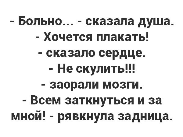 Больно сказала душа Хочется плакать сказало сердце Не скулить заорали мозги Всем заткнуться и за мной рявкнула задница