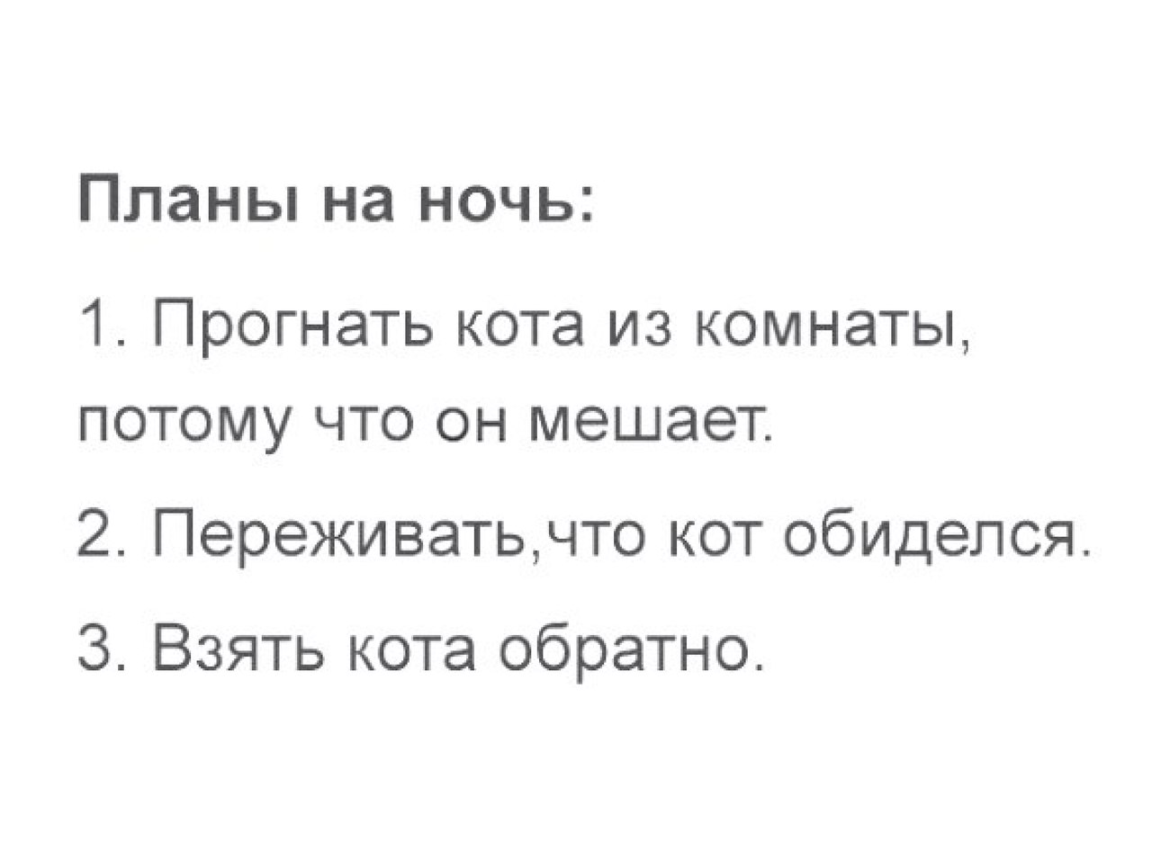 Планы на ночь 1 Прогнать КОТЭ ИЗ КОМНЭТЫ ПОТОМУ ЧТО ОН мешает 2 Переживатьчто кот обиделся 3 Взять кота обратно