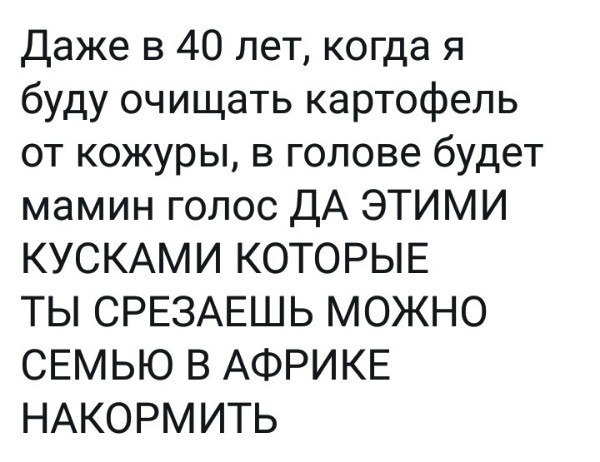 Даже в 40 лет когда я буду очищать картофель от кожуры в голове будет мамин голос ДА ЭТИМИ КУСКАМИ КОТОРЫЕ ТЫ СРЕЗАЕШЬ МОЖНО СЕМЬЮ В АФРИКЕ НАКОРМИТЬ